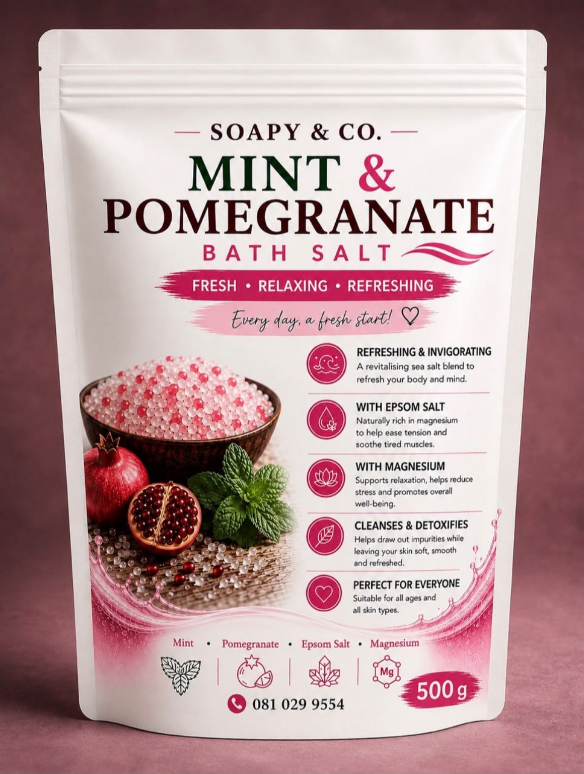 Soapy & Co. Mint and Pomegranate bath salt pouch