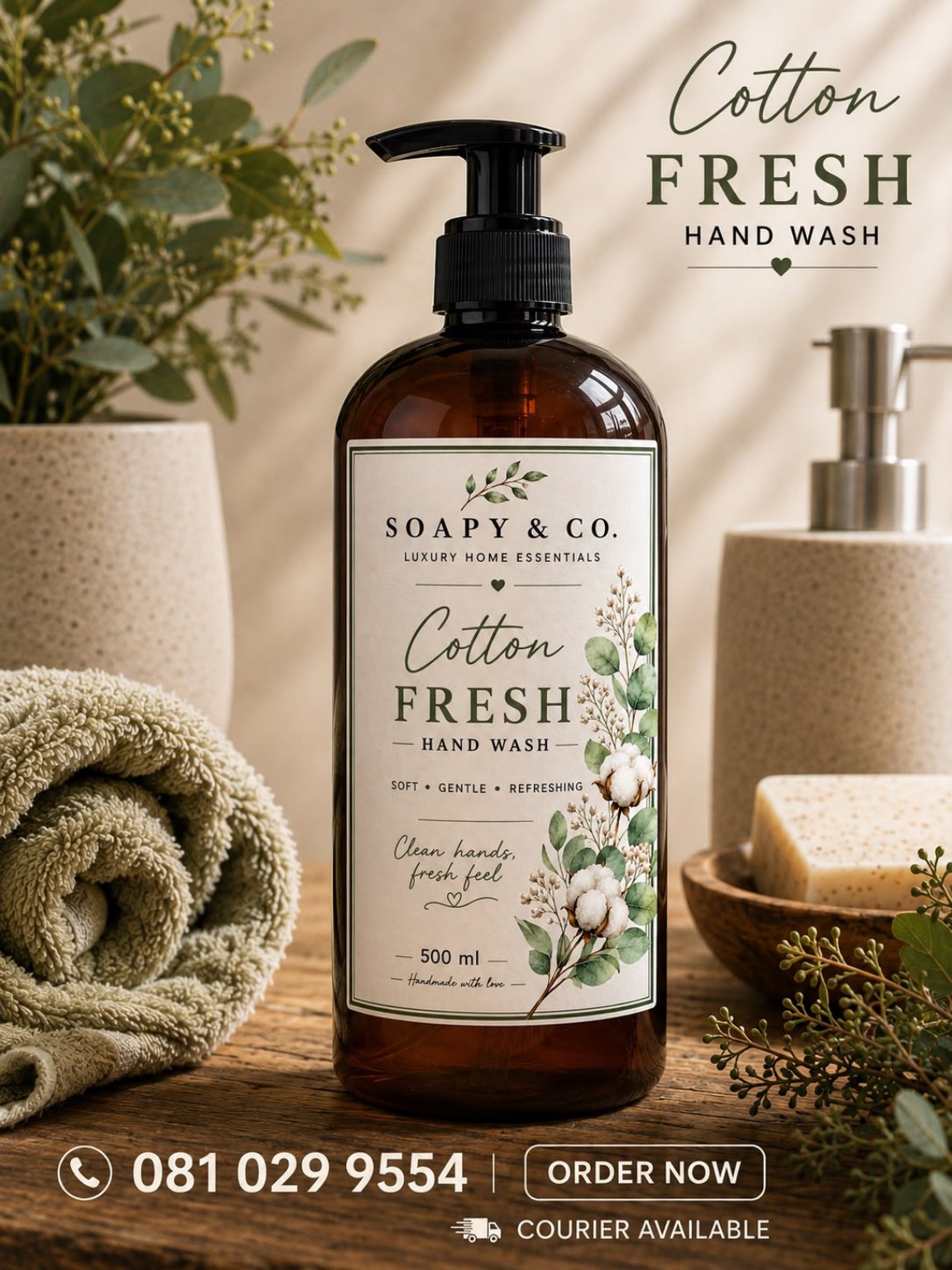 Soapy & Co. Cotton Fresh hand wash in an amber bottle
